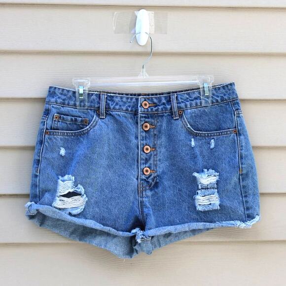 Forever 21 Button Fly Jean Shorts Ripped Destroyed Indie Sleaze Size 30 - Picture 4 of 13